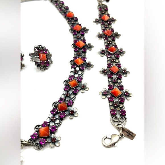 Mary DeMarco Necklace Bracelet Earrings Set Pink Silver Pewter Floral Butterfly - Picture 5 of 16